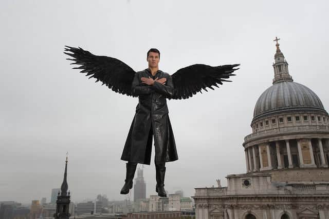 Angel hanging in front of the St Paul's Cathedral to promote Dominion being aired on the Syfy Channel